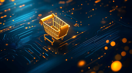 Poster - Digital marketplace concept featuring a luminous shopping cart on circuit board