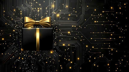 Poster - Digital gift on a technology background with golden circuit and glittering lights