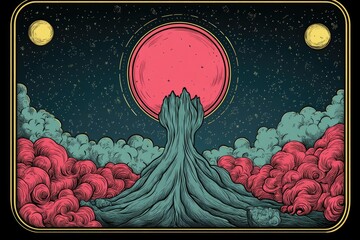 Poster - mystical mountain peak under a crimson moon.