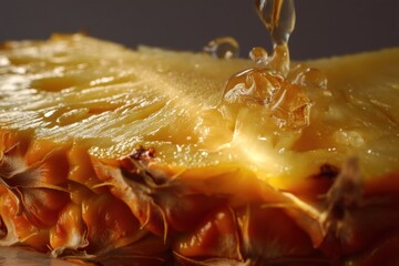 Poster - Sunlight Illuminates the Fresh Juice Edge of a Ripe Pineapple Slice Creating a Vibrant and Refreshing Atmosphere Generative AI