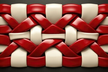 Poster - geometric pattern of interwoven red and white ribbons.