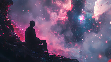 Wall Mural - double exposure artwork of a thoughtful man fading into the vastness of space, merging with luminous