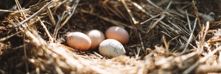 Poster - Nest of Hidden Eggs Among Hay in Natural Light During Early Morning Hours Generative AI