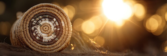 Poster - Sunlight Reflecting Through a Round Straw Purse Creates a Warm, Glowing Effect During a Serene Outdoor Moment Generative AI