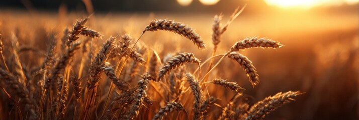 Poster - Wheat Stalks Sway Gently in Golden Field Under Warm Sunset Light in Peaceful Rural Landscape Generative AI