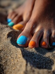 Leinwandbilder - Colorful Painted Toenails Resting in Soft Beach Sand During a Sunny Day by the Shore Generative AI