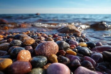 Fototapete - Colorful Smooth Pebbles Warmed by Sunlight Along the Lakeside Shore Create a Serene Natural Landscape at Dusk Generative AI
