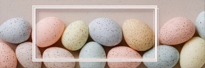 Poster - Collection of Pastel Speckled Eggs Arranged in a Flat Frame on a Neutral Background for Festive Decoration Generative AI