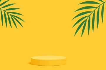 Poster - Bright yellow podium surrounded by lush palm leaves creates a vibrant, inviting summer atmosphere, embodying the essence of a tropical paradise and offering a perfect backdrop for presentations
