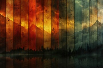 Poster - Colorful layered landscape with mountains and reflections.