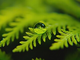 Poster - Macro Photography of Water Droplet on Green Fern Leaf