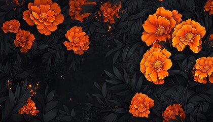 Poster - Orange Flowers on Dark Background Detailed Pixel Art