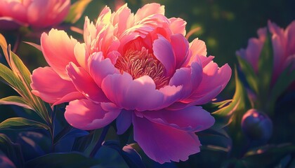 Aufkleber - Pink Peony Blossom in Soft Golden Hour Light