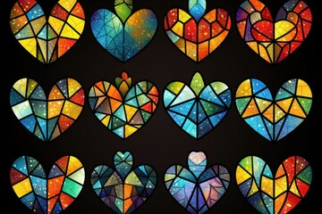 Poster - colorful, decorative hearts, designed in stained glass style.
