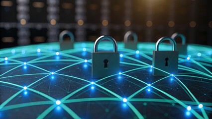 Poster - digital security concept with interconnected blocks and glowing network connections representing dat