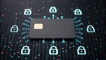 Poster - secure digital credit card on dark cyber security background with padlock icons representing data pr