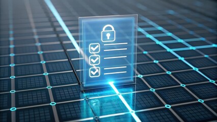 Poster - modern digital security and data protection concept featu a secure lock on a transparent checklist f