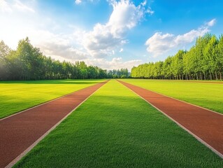 Aufkleber - Two Red Paths Through Lush Green Grassy Park Under a Bright Blue Sky