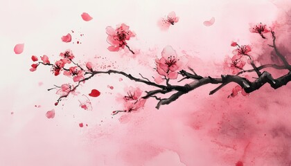Aufkleber - Watercolor Painting of Delicate Pink Cherry Blossoms on Branch