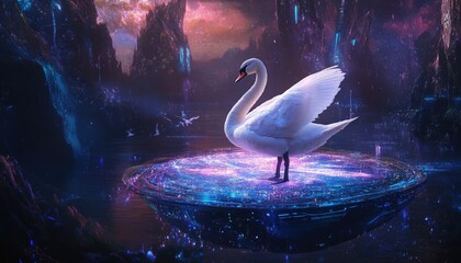 Poster - White Swan on Glowing Island in a Cosmic Landscape