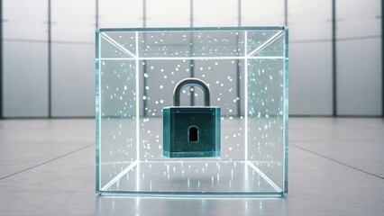 Poster - secure locker with lock inside transparent glass cube with water drops on futuristic background for 