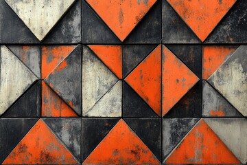 Poster - geometric wall pattern of distressed triangles in orange, gray, and black.