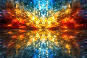 Poster - a vibrant, symmetrical design with mirrored patterns and color reflections.