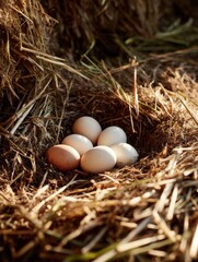 Aufkleber - Nest of Eggs Partially Hidden in a Pile of Hay Illuminated by Soft Natural Lighting During a Warm Morning Generative AI
