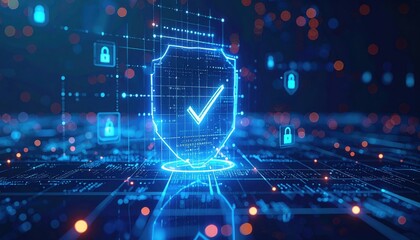 Poster - futuristic digital security shield with check mark symbol representing cybersecurity protection in a