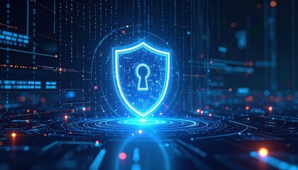 Poster - futuristic digital security shield with lock icon glowing in a data network with binary code and hol