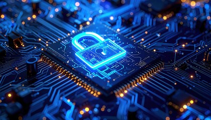 Poster - digital security concept showing a glowing blue padlock symbol on a circuit board representing cyber