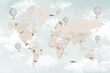 © csinie1 - Soft Pastel World Map Illustration with Hot Air Balloons, Gentle Travel and Adventure Design for Prints