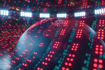 Poster - Digital representation of Earth surrounded by light patterns.