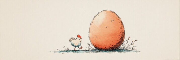 Aufkleber - Whimsical Sketch of a Chicken Playfully Interacting With a Large Egg on a Soft Pastel Background Generative AI