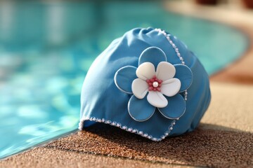 Aufkleber - Retro Swimming Cap With Flower Detail Resting on the Edge of a Pool on a Sunny Day Generative AI
