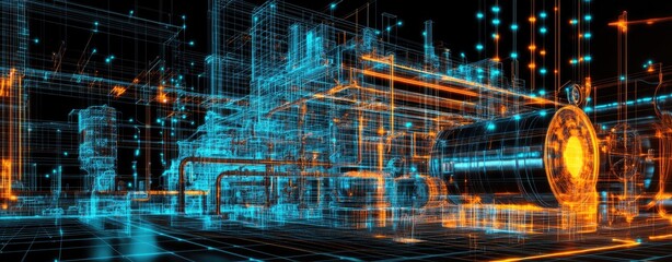 Poster - A futuristic industrial facility with neon blue and orange outlines. showcasing advanced technology and engineering. surrounded by a dark background for emphasis
