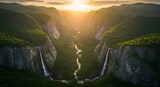 Waterfall Scenic Landscape at Sunset with River Flowing Through Valley