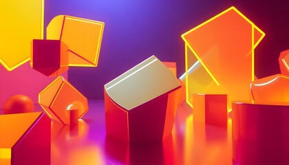 Fototapete - Radiant Neon Shapes Glow, A Bold Abstract Art Form. Dynamic Reflections Enhance The Futuristic Design, Creating A Visually Stunning Composition. Geometric Beauty Shines.