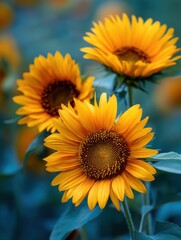 Fototapete - Golden Backlit Sunflowers Blooming in a Vibrant Green Field During Late Afternoon Light Generative AI