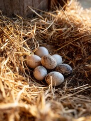 Aufkleber - Nest of Eggs Partially Buried in Hay Illuminated by Soft Natural Light During the Spring Season Near a Farm Generative AI
