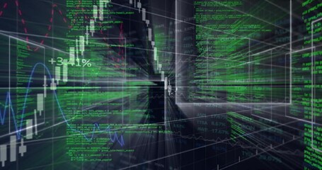 Aufkleber - White candlestick chart trending upward 3D render, layering blue red line graphs, green code lines