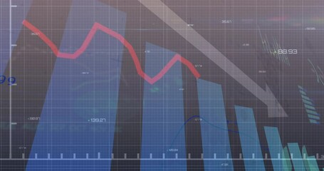 Poster - Financial visualization showing rising 3D blue bars and moving red and blue lines with grey arrow