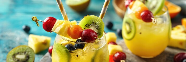 Aufkleber - Refreshing Tropical Drink With Paper Straw and Colorful Fruit Skewers Enjoyed in a Sunny Setting Generative AI