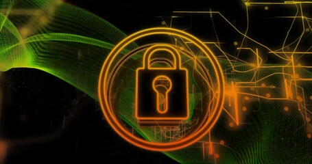 Poster - Glowing orange padlock icon floating at center, framed by rings, green mesh wave and circuit lines