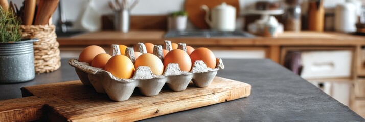 Poster - Bright Morning Kitchen Table With Fresh Eggs on a Cutting Board in a Cozy Setting Generative AI