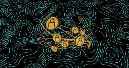 Fototapete - 3D render showing golden user-icon nodes linked in sphere by thin lines amid turquoise contours