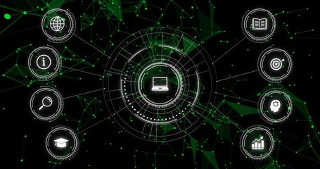 Poster - Showing central laptop icon spinning in digital HUD, linking radial lines to eight glowing symbols