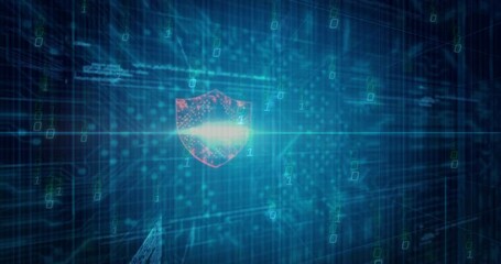 Poster - Digital shield icon glowing at center of network grid, with floating binary digits and light beam