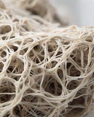 Close-up macro image of natural fibrous texture showing intricate organic pattern with holes and strands, ideal for backgrounds or textile design inspiration
