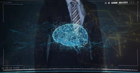 Poster - Business presenter standing by holographic 3D brain, showing UI overlays, network lines